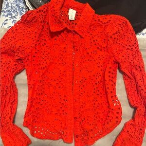 Joie Red Eyelet Lace Button-Up Blouse